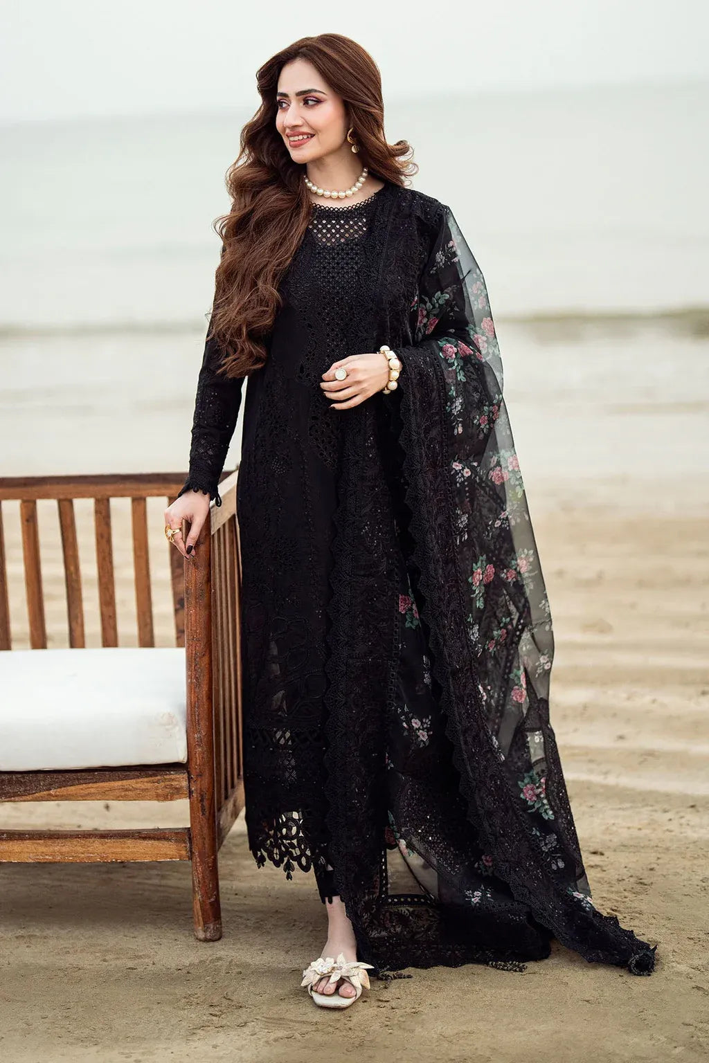 NUREH-3PC LAWN CHIKENKARI LASER EMBROIDERED SHIRT WITH COTTON NET EMBROIDERED PRINT DUPATTA-RP-4523