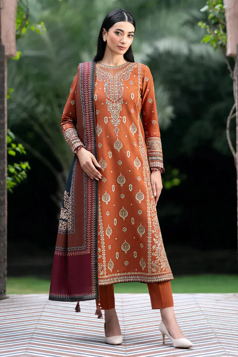 JAZMIN - 3PC DHANAK EMBROIDERED SHIRT WITH COUTURE PRINTED SHAWL AND TROUSER -RP119