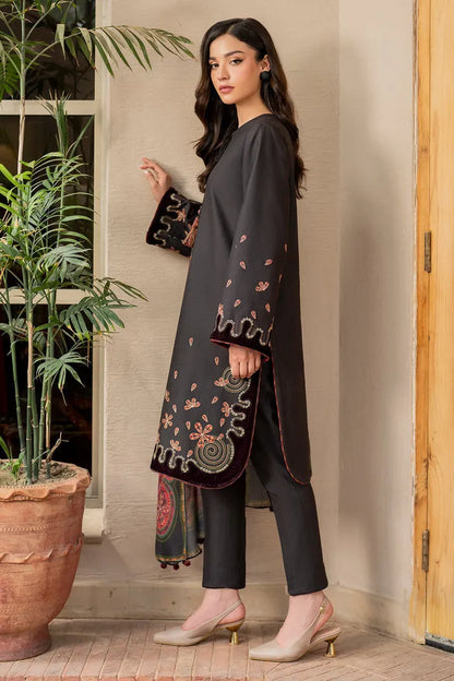 JAZMIN-3PC DHANAK EMBROIDRED SHIRT WITH WOOL PRINT SHAWL AND TROUSER-RP-3275