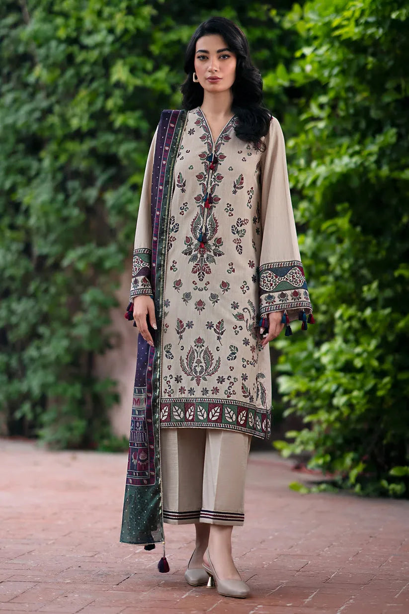 JAZMIN-3PC DHANAK EMBROIDRED SHIRT WITH KOTAIL PRINT SHAWL AND TROUSER-RP128