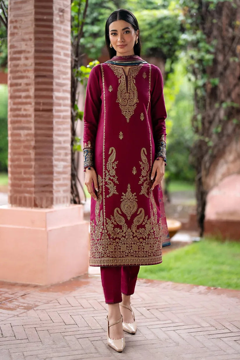 JAZMIN- 3PC DHANAK EMBROIDERED SHIRT WITH KOTAIL  PRINT SHAWL AND TROUSER-RP121