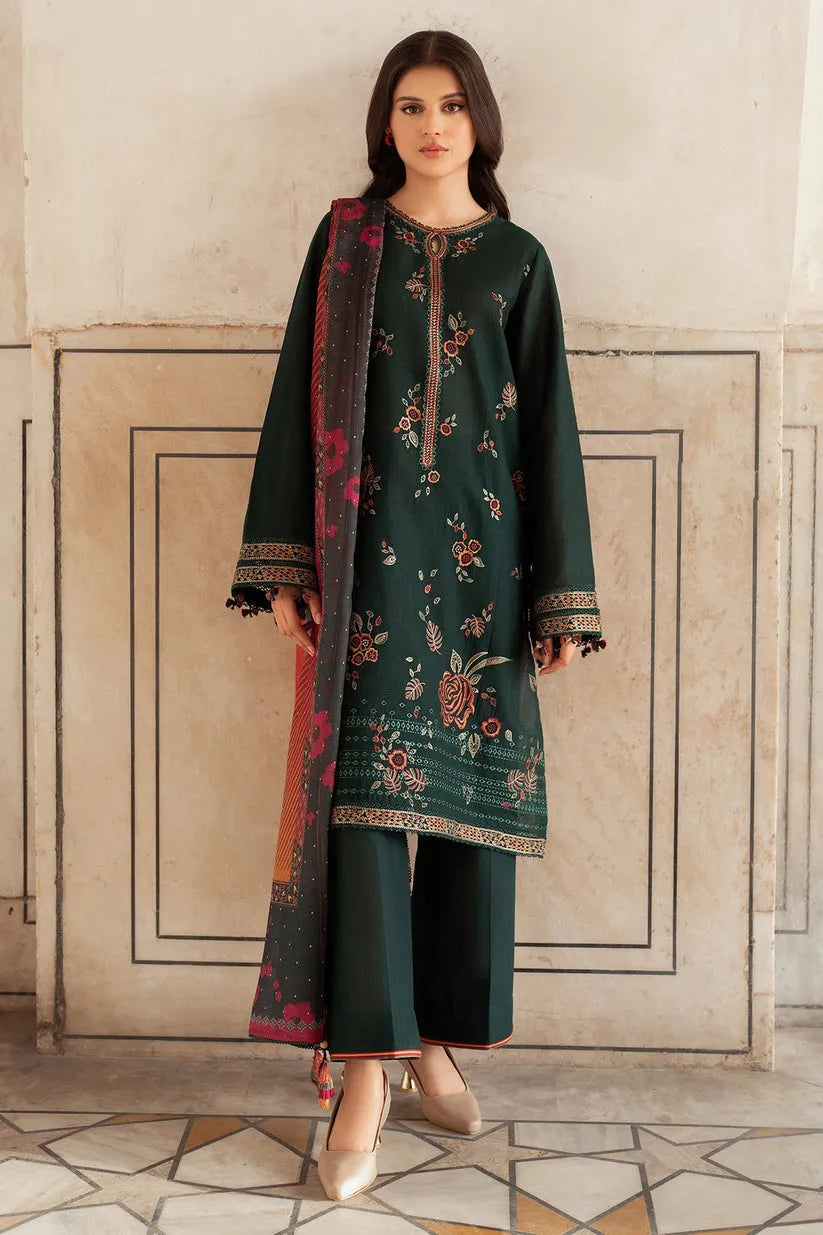 JAZMIN-3PC DHANAK EMBROIDERED SHIRT WITH WOOL PRINT SHAWL AND TROUSER-BIC-3364