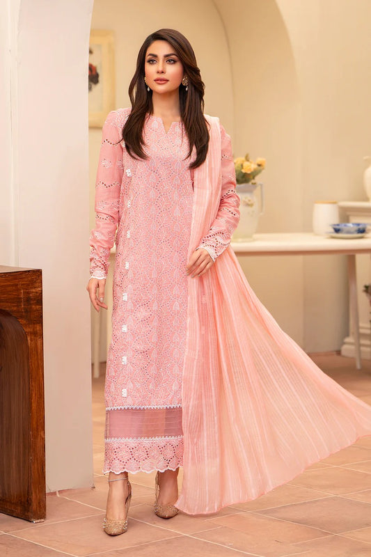 MIRAKHI LAWN 3PC - LAWN CHIKANKARI EMB SHIRT WITH LAWN TUBE SLUB DUPATTA AND LAWN DYED TROUSER | RP