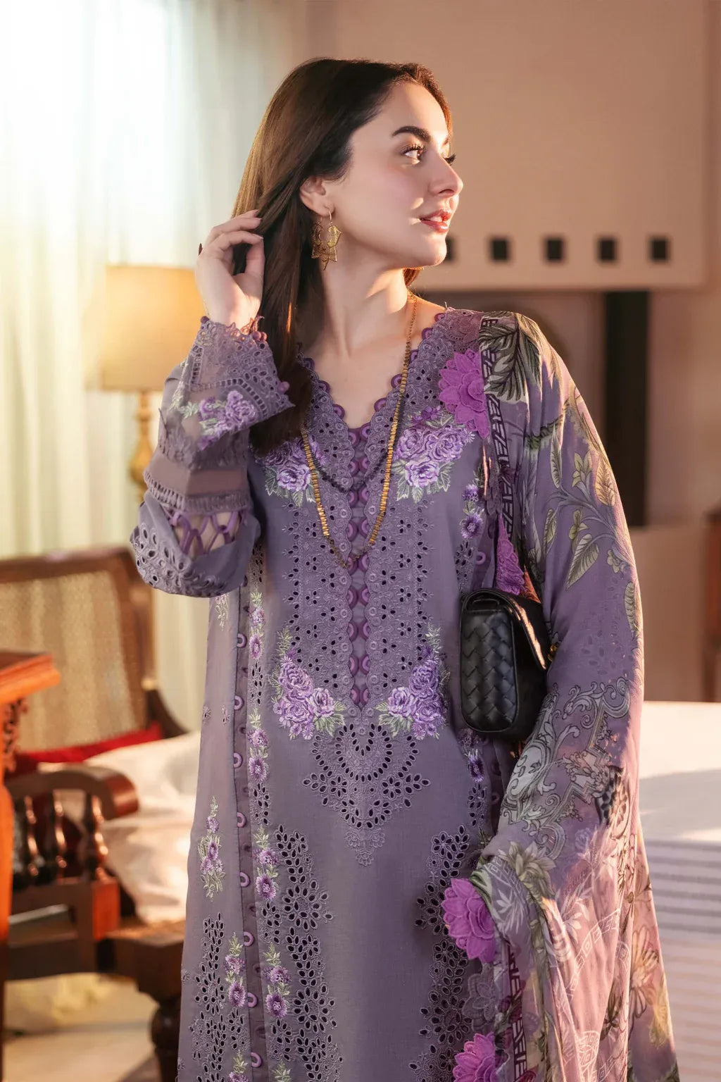 JADE-3PC LAWN CHIKAN EMBROIDERED SHIRT WITH CHIFFON PRINTED DUPATTA AND TROUSER-RP-4516