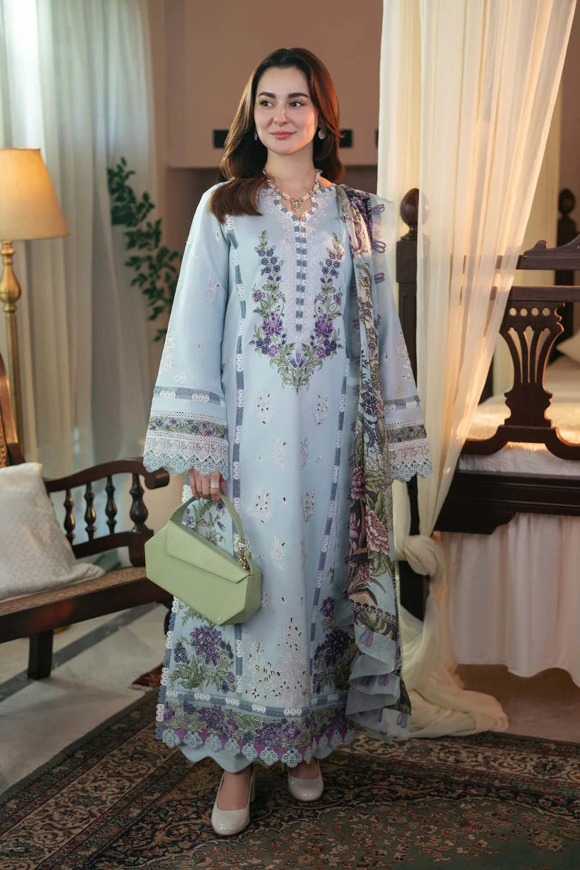 QALAMKAR LAWN 3PC - LAWN EMB SHIRT WITH CHIFFON PRINED DUPATTA AND LAWN DYED TROUSER | RP-3724