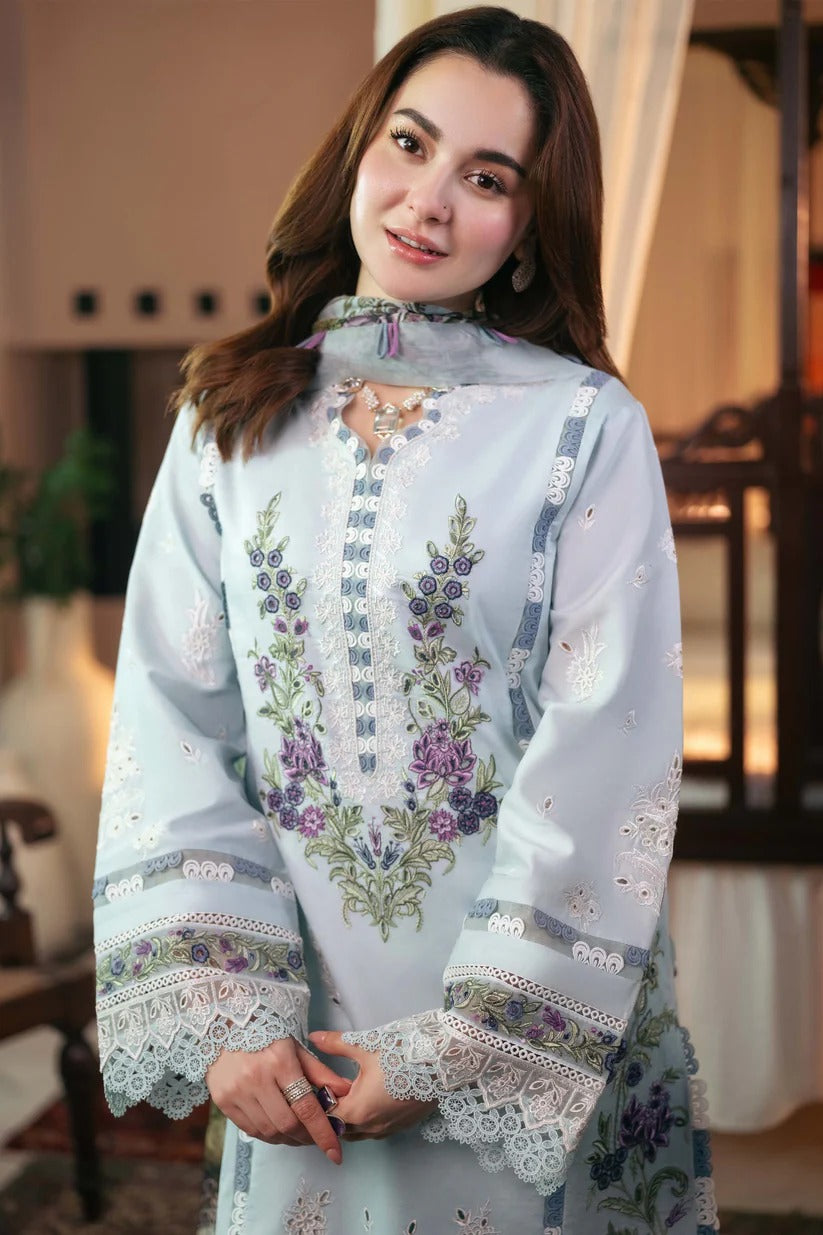 QALAMKAR LAWN 3PC - LAWN EMB SHIRT WITH CHIFFON PRINED DUPATTA AND LAWN DYED TROUSER | RP-3724
