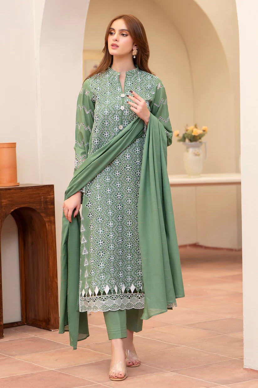 MIRAKHI LAWN 3PC - LAWN CHIKANKARI EMB SHIRT WITH LAWN TUBE SLUB DUPATTA AND LAWN DYED TROUSER | RP