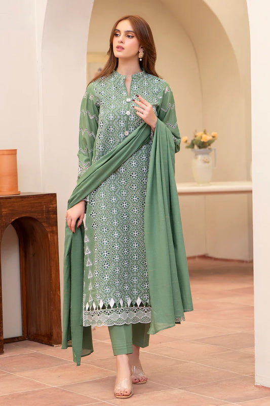 MIRAKHI LAWN 3PC - LAWN CHIKANKARI EMB SHIRT WITH LAWN TUBE SLUB DUPATTA AND LAWN DYED TROUSER | RP