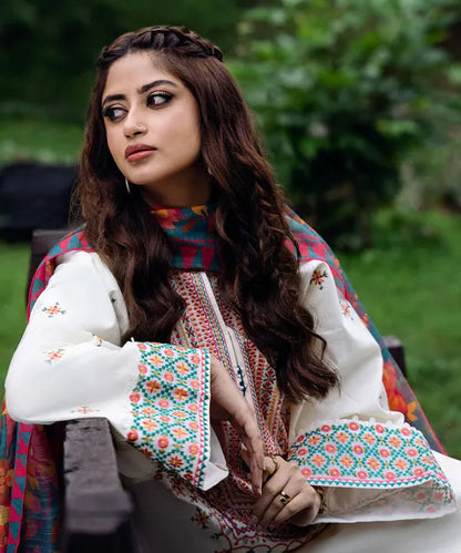 SAPPHIRE- 3PC DHANAK EMBROIDERED SHIRT WITH KOTAIL PRINT SHAWL AND TROUSER-RP120