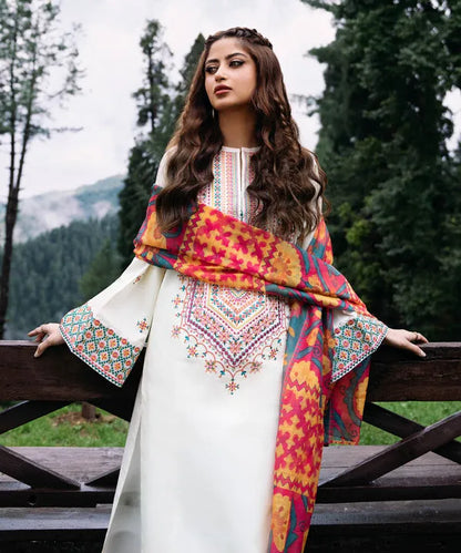 SAPPHIRE- 3PC DHANAK EMBROIDERED SHIRT WITH KOTAIL PRINT SHAWL AND TROUSER-RP120