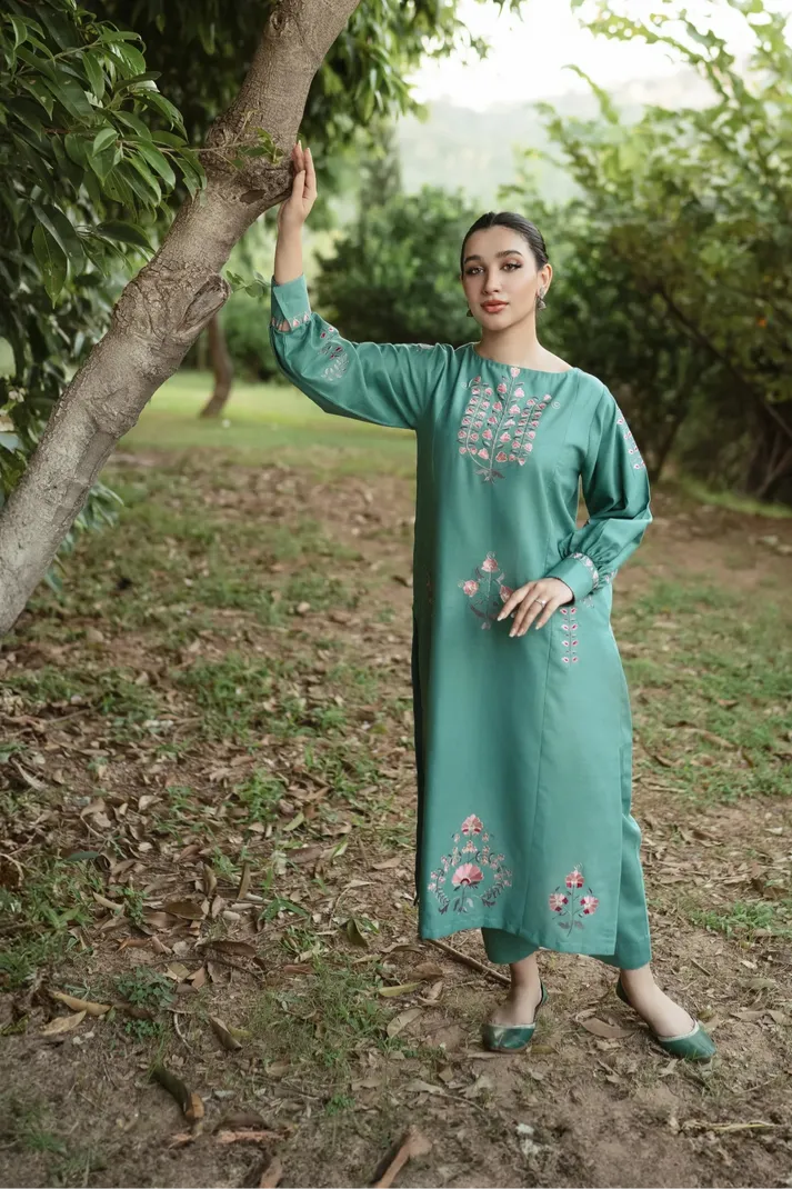 URGE-2PC DHANAK EMBROIDERED SHIRT WITH DHANAK EMBROIDERED SLEEVES-RP-3370