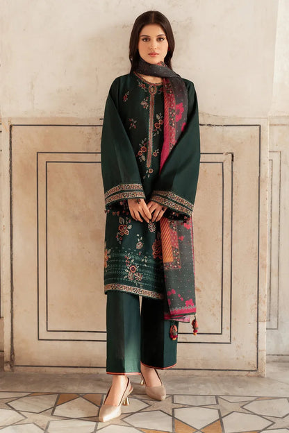 JAZMIN-3PC DHANAK EMBROIDERED SHIRT WITH WOOL PRINT SHAWL AND TROUSER-BIC-3364