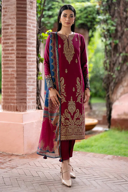 JAZMIN- 3PC DHANAK EMBROIDERED SHIRT WITH KOTAIL  PRINT SHAWL AND TROUSER-RP121