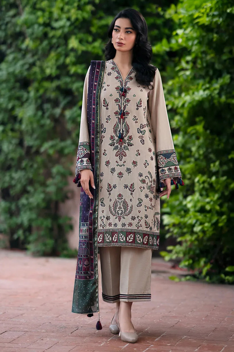 JAZMIN-3PC DHANAK EMBROIDRED SHIRT WITH KOTAIL PRINT SHAWL AND TROUSER-RP128