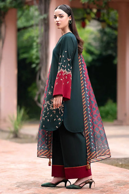 JAZMIN-3PC DHANAK EMBROIDRED SHIRT WITH KOTAIL PRINT SHAWL AND TROUSER-RP103