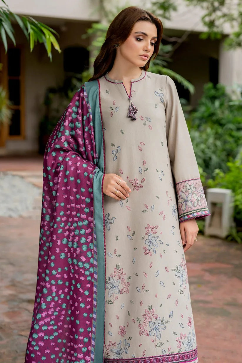 JAZMIN-3PC DHANAK EMBROIDRED SHIRT WITH KOTAIL PRINT SHAWL AND TROUSER-RP129