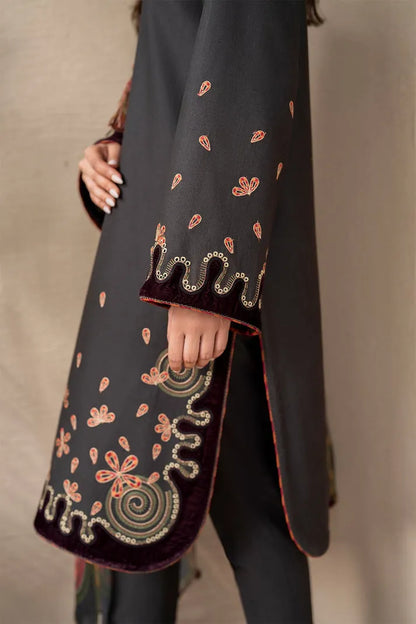 JAZMIN-3PC DHANAK EMBROIDRED SHIRT WITH WOOL PRINT SHAWL AND TROUSER-RP-3275