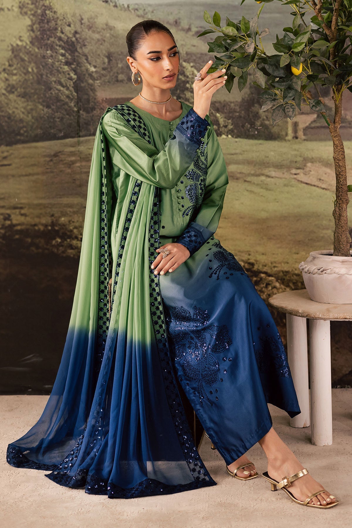 NUREH-3PC SHAMOZE SILK PRINTED EMBROIDERED SHIRT WITH SOFT SILK PRINTED EMB DUPATTA & TROUSER BIC-