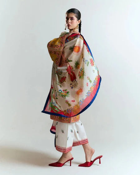 HUSSAIN REHAR - 3PC DHANAK HEAVY EMBROIDERED SHIRT WITH COURTRAI PRINTED SHAWL AND EMB TROUSER-BIC-4212