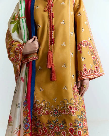 HUSSAIN REHAR - 3PC DHANAK HEAVY EMBROIDERED SHIRT WITH COURTRAI PRINTED SHAWL AND EMB TROUSER-BIC-4212