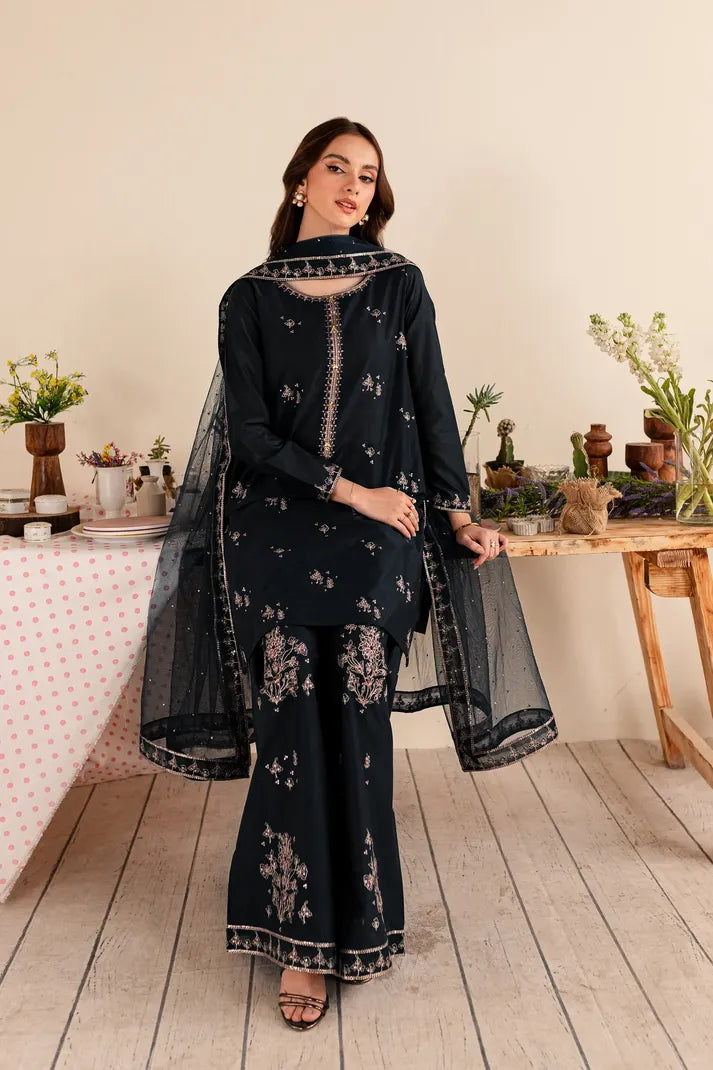 BATIK- 3PC DHANAK EMBROIDERED SHIRT DHANAK EMBROIDERED DUPATTA AND TROUSER-RP-3289- BLACK