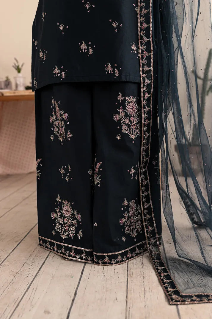 BATIK- 3PC DHANAK EMBROIDERED SHIRT DHANAK EMBROIDERED DUPATTA AND TROUSER-RP-3289- BLACK