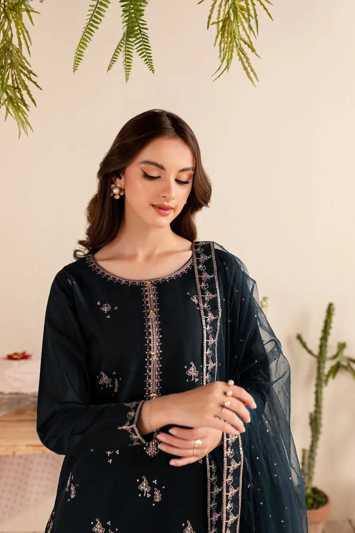 BATIK- 3PC DHANAK EMBROIDERED SHIRT DHANAK EMBROIDERED DUPATTA AND TROUSER-RP-3289- BLACK