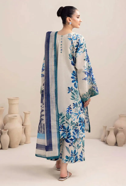 ADAN LIBAAS-3PC KARANDI PRINTED EMBROIDERED SHIRT WITH KARANDI PRINTED SHAWL AND KARANDI PRINTED TROUSER-BIC-3349