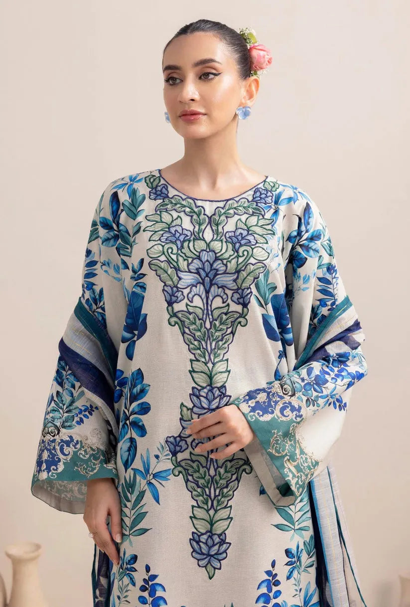 ADAN LIBAAS-3PC KARANDI PRINTED EMBROIDERED SHIRT WITH KARANDI PRINTED SHAWL AND KARANDI PRINTED TROUSER-BIC-3349