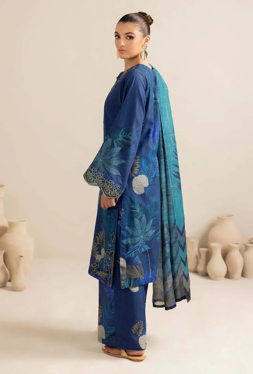 ADAN LIBAAS-3PC KARANDI PRINTED EMBROIDERED SHIRT WITH KARANDI PRINTED SHAWL AND KARANDI PRINTED TROUSER-BIC-3362