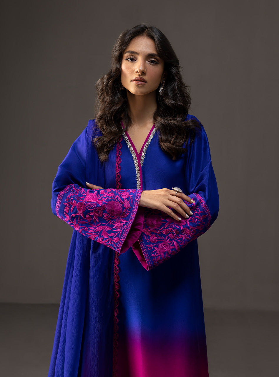 ZAINAB CHOTTANI-3PC SHAMOZE SILK PRINTED EMB SHIRT WITH SOFT SILK PRINTED DUPATTA & TROUSER BIC-