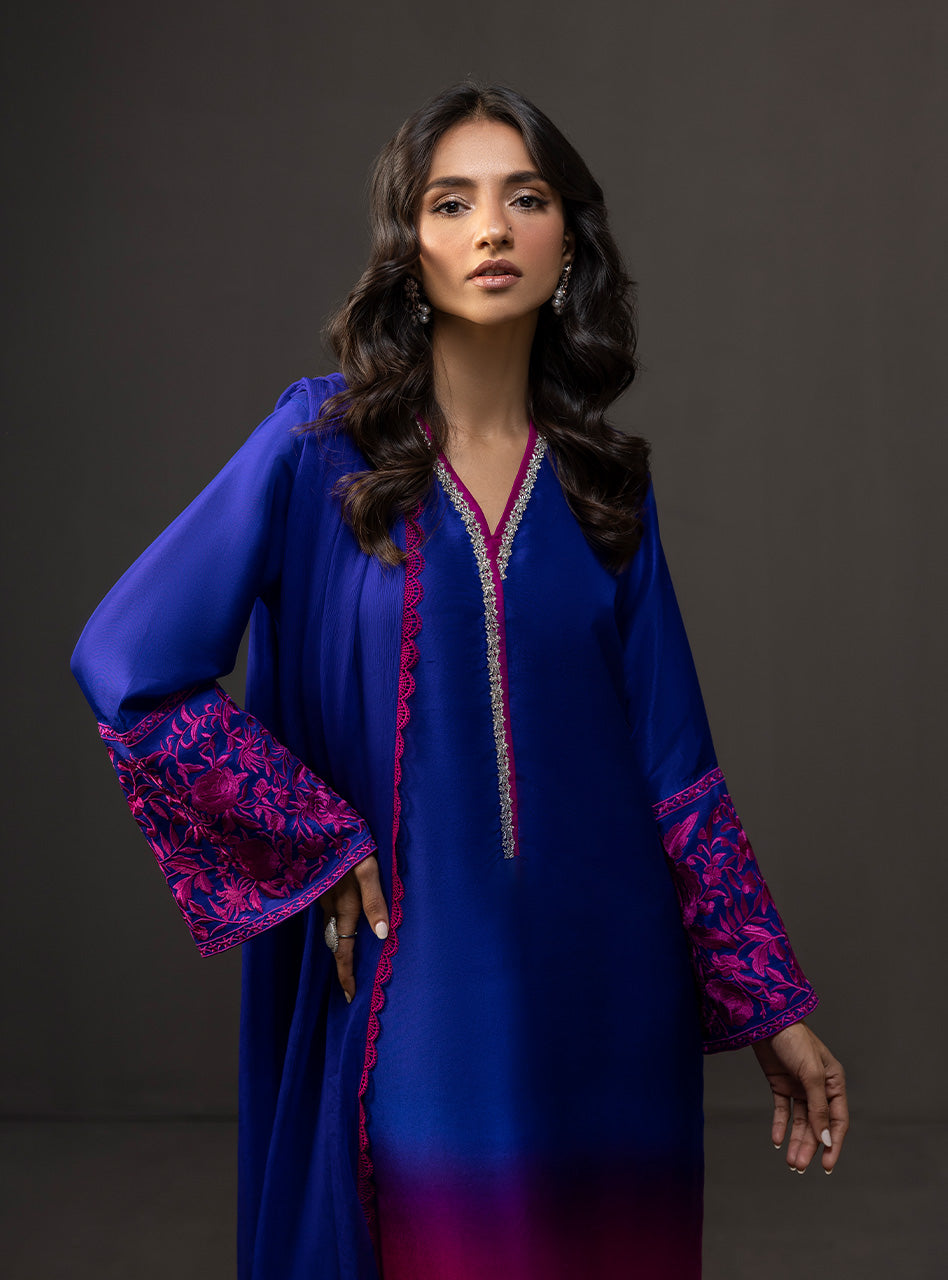 ZAINAB CHOTTANI-3PC SHAMOZE SILK PRINTED EMB SHIRT WITH SOFT SILK PRINTED DUPATTA & TROUSER BIC-