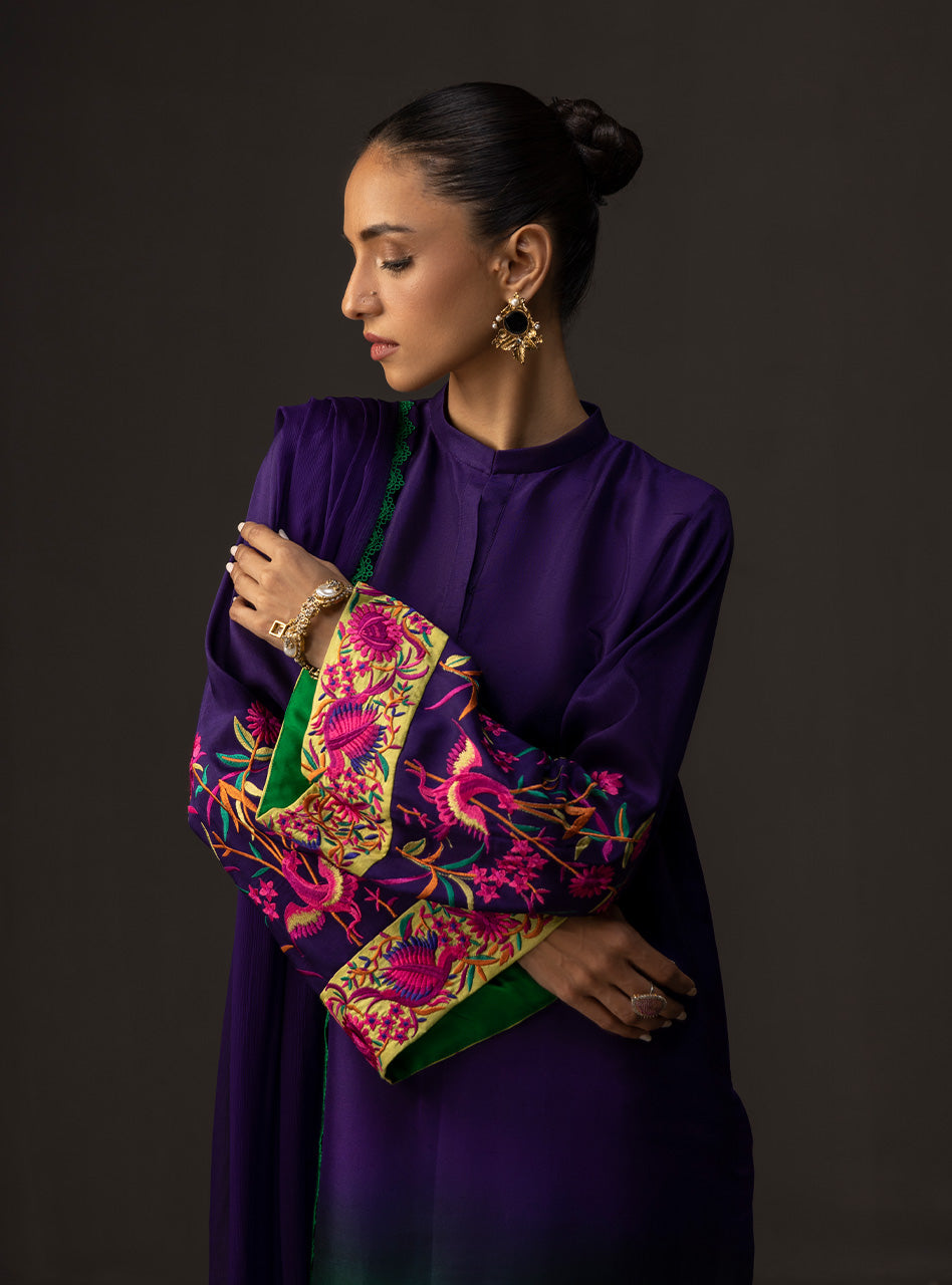ZAINAB CHOTTANI-3PC SHAMOZE SILK PRINTED EMB SHIRT WITH SOFT SILK PRINTED DUPATTA & TROUSER BIC-