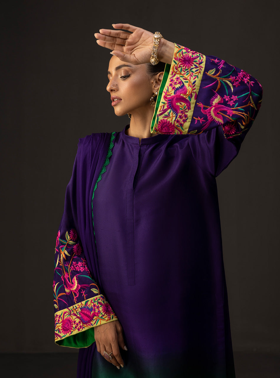 ZAINAB CHOTTANI-3PC SHAMOZE SILK PRINTED EMB SHIRT WITH SOFT SILK PRINTED DUPATTA & TROUSER BIC-