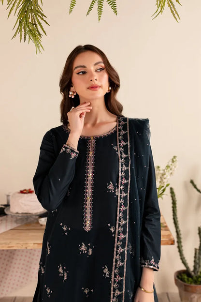 BATIK- 3PC DHANAK EMBROIDERED SHIRT DHANAK EMBROIDERED DUPATTA AND TROUSER-RP-3289- BLACK