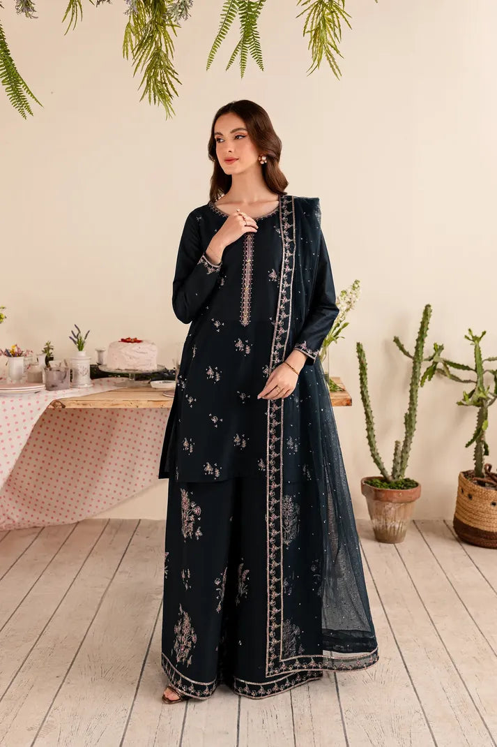 BATIK- 3PC DHANAK EMBROIDERED SHIRT DHANAK EMBROIDERED DUPATTA AND TROUSER-RP-3289- BLACK