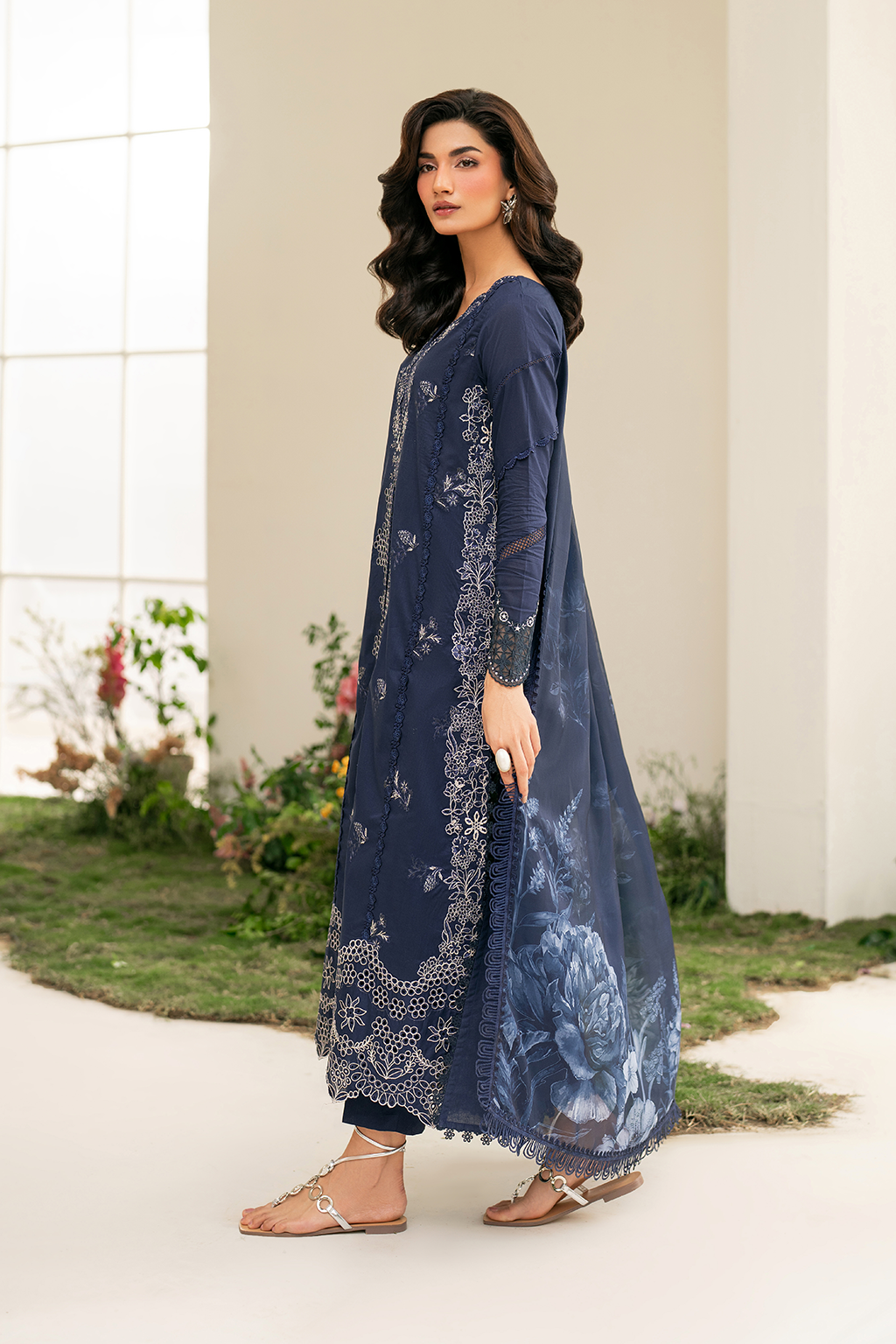 IZNIK-3PC DHANAK CHIKAN EMBROIDERED SHIRT WITH COURTRAI PRINTED SHAWL AND EMB TROUSER-BIC-4132