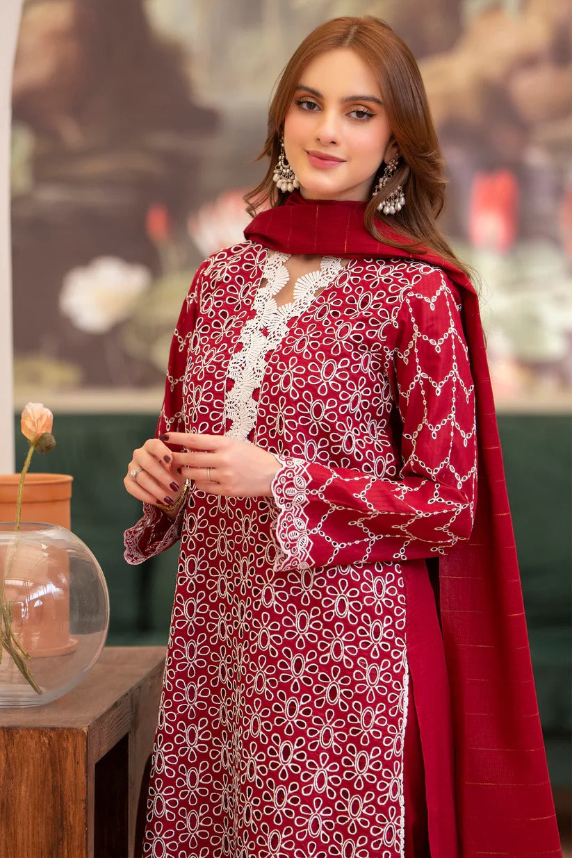 MIRAKHI LAWN 3PC - LAWN CHIKANKARI EMB SHIRT WITH LAWN TUBE SLUB DUPATTA AND LAWN DYED TROUSER | RP