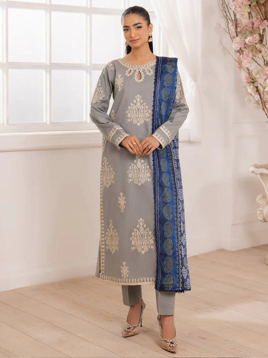 MOHAGNI LAWN 3PC - LAWN EMB SHIRT WITH MONARK PRINTED DUPATTA AND LAWN DYED TROUSER | RP-3741