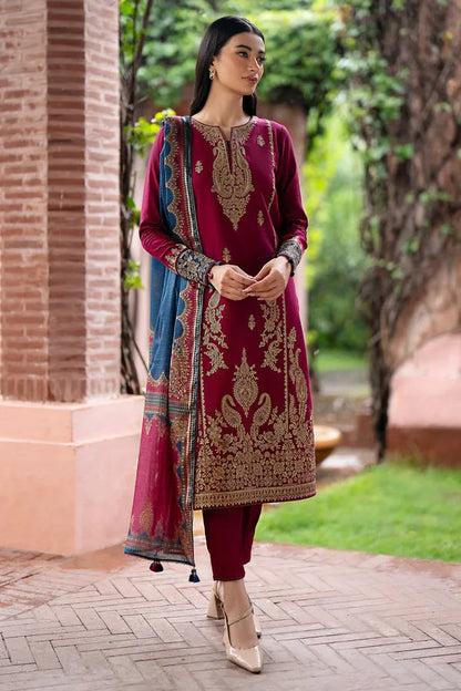 JAZMIN- 3PC DHANAK EMBROIDERED SHIRT WITH KOTAIL  PRINT SHAWL AND TROUSER-RP121