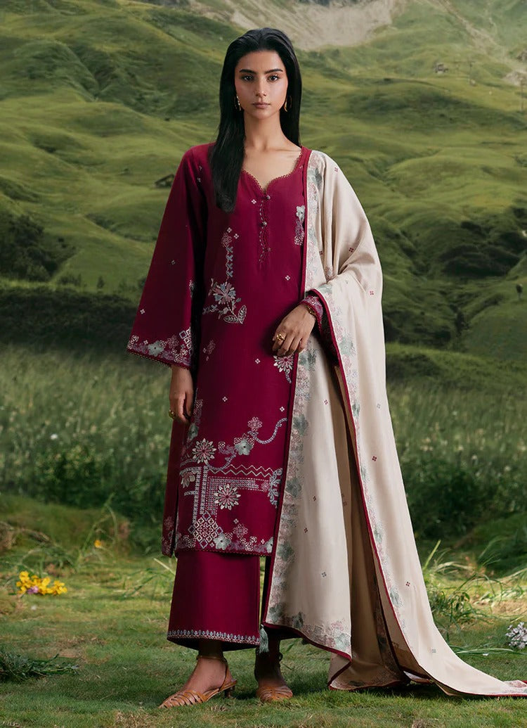 IMAGE-3PC KHADDAR EMBROIDERED SHIRT WITH DHANAK EMBROIDERED SHAWL AND KHADDAR TROUSER-BIC-4373