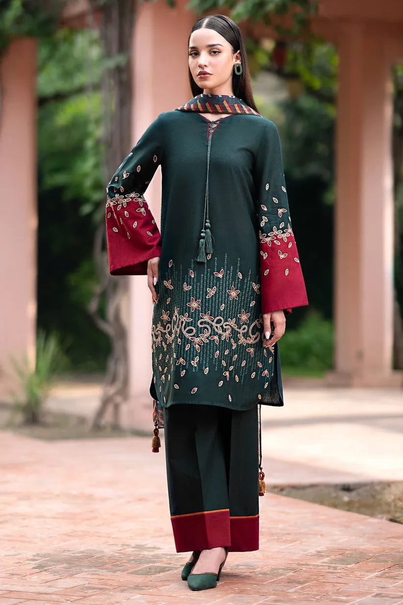 JAZMIN-3PC DHANAK EMBROIDRED SHIRT WITH KOTAIL PRINT SHAWL AND TROUSER-RP103