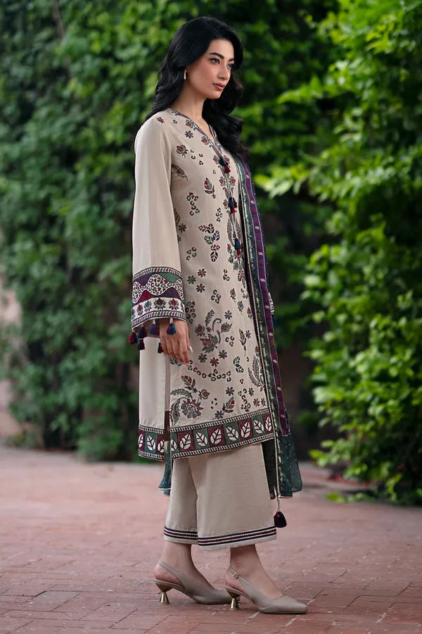 JAZMIN-3PC DHANAK EMBROIDRED SHIRT WITH KOTAIL PRINT SHAWL AND TROUSER-RP128