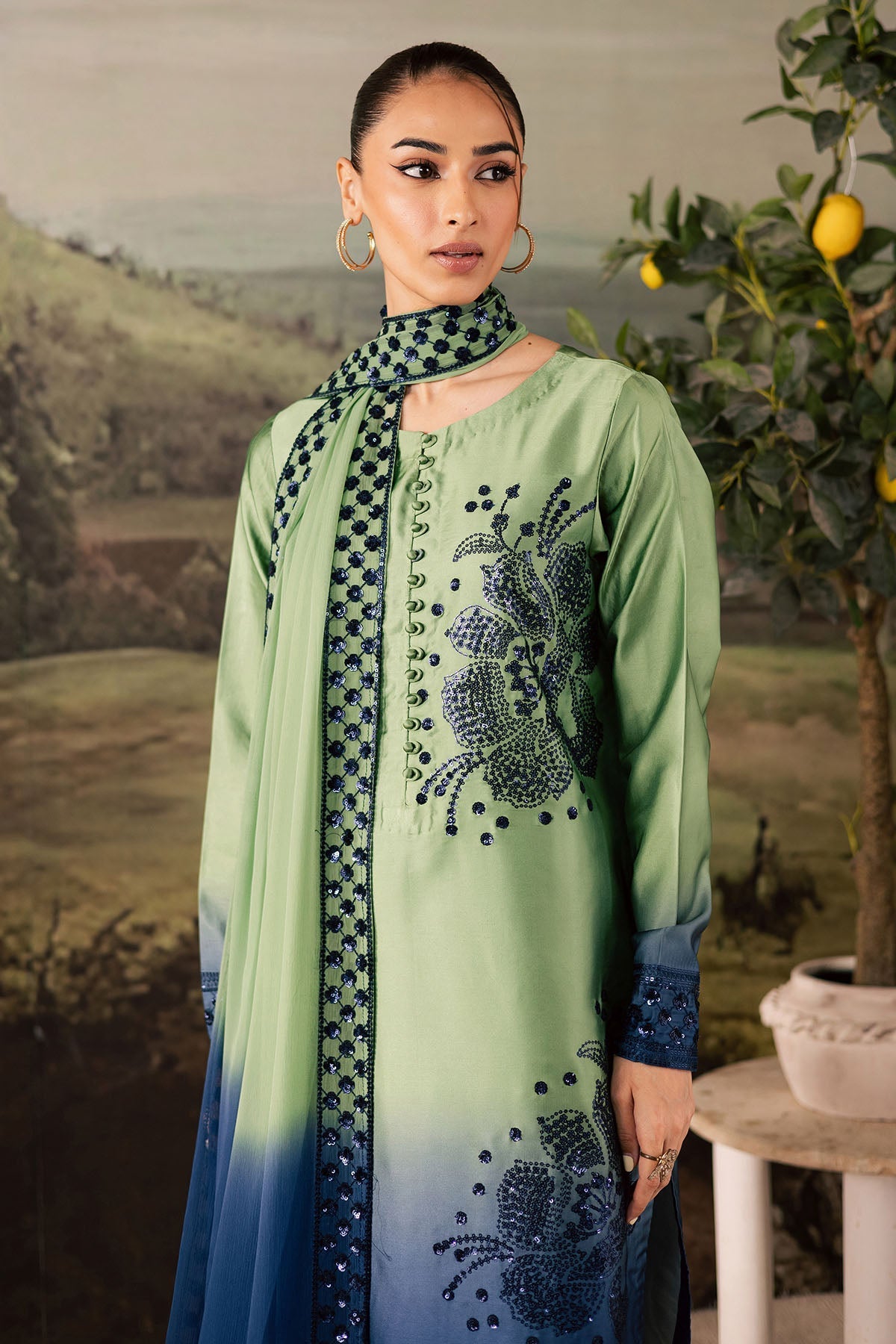 NUREH-3PC SHAMOZE SILK PRINTED EMBROIDERED SHIRT WITH SOFT SILK PRINTED EMB DUPATTA & TROUSER BIC-