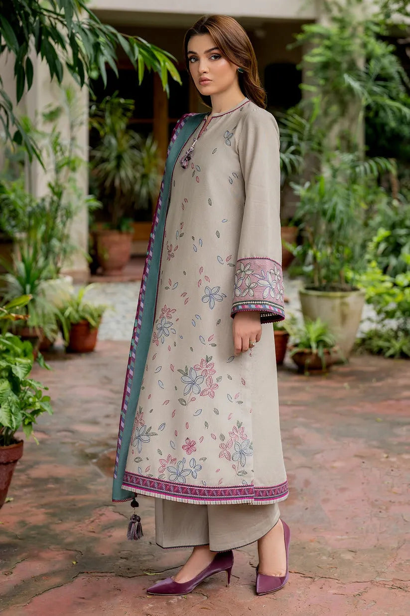 JAZMIN-3PC DHANAK EMBROIDRED SHIRT WITH KOTAIL PRINT SHAWL AND TROUSER-RP129