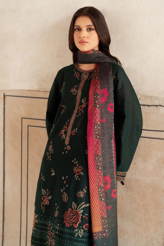 JAZMIN-3PC DHANAK EMBROIDERED SHIRT WITH WOOL PRINT SHAWL AND TROUSER-BIC-3364