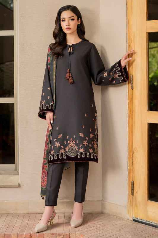 JAZMIN-3PC DHANAK EMBROIDRED SHIRT WITH WOOL PRINT SHAWL AND TROUSER-RP-3275