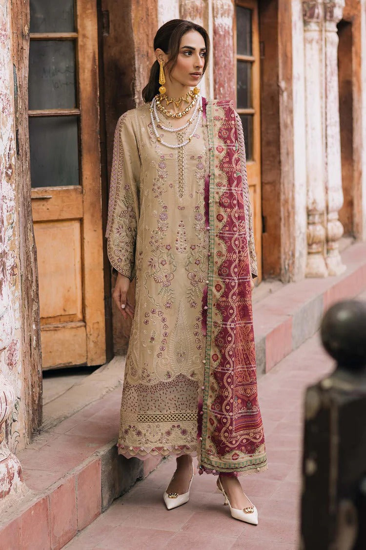 NUREH-3PC DHANAK EMBROIDERED SHIRT WITH COURTRAI PRINTED SHAWL & TROUSER-BIC-4341