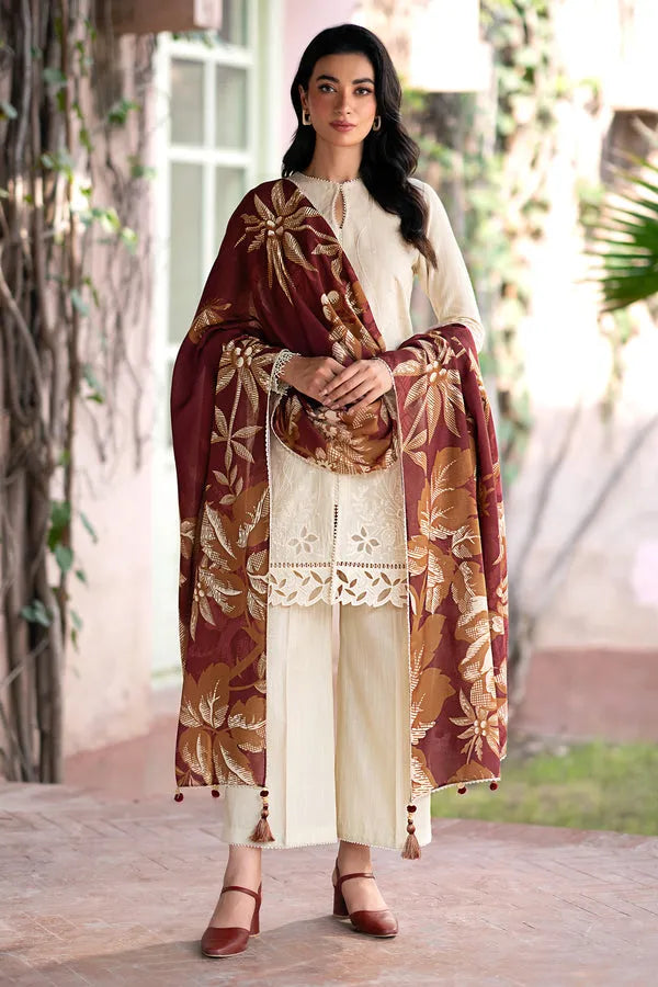 JAZMIN- 3PC DHANAK EMBROIDERED SHIRT WITH KOTAIL PRINT SHAWL AND TROUSER-RP134