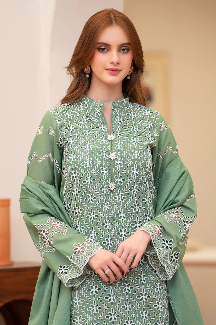 MIRAKHI LAWN 3PC - LAWN CHIKANKARI EMB SHIRT WITH LAWN TUBE SLUB DUPATTA AND LAWN DYED TROUSER | RP